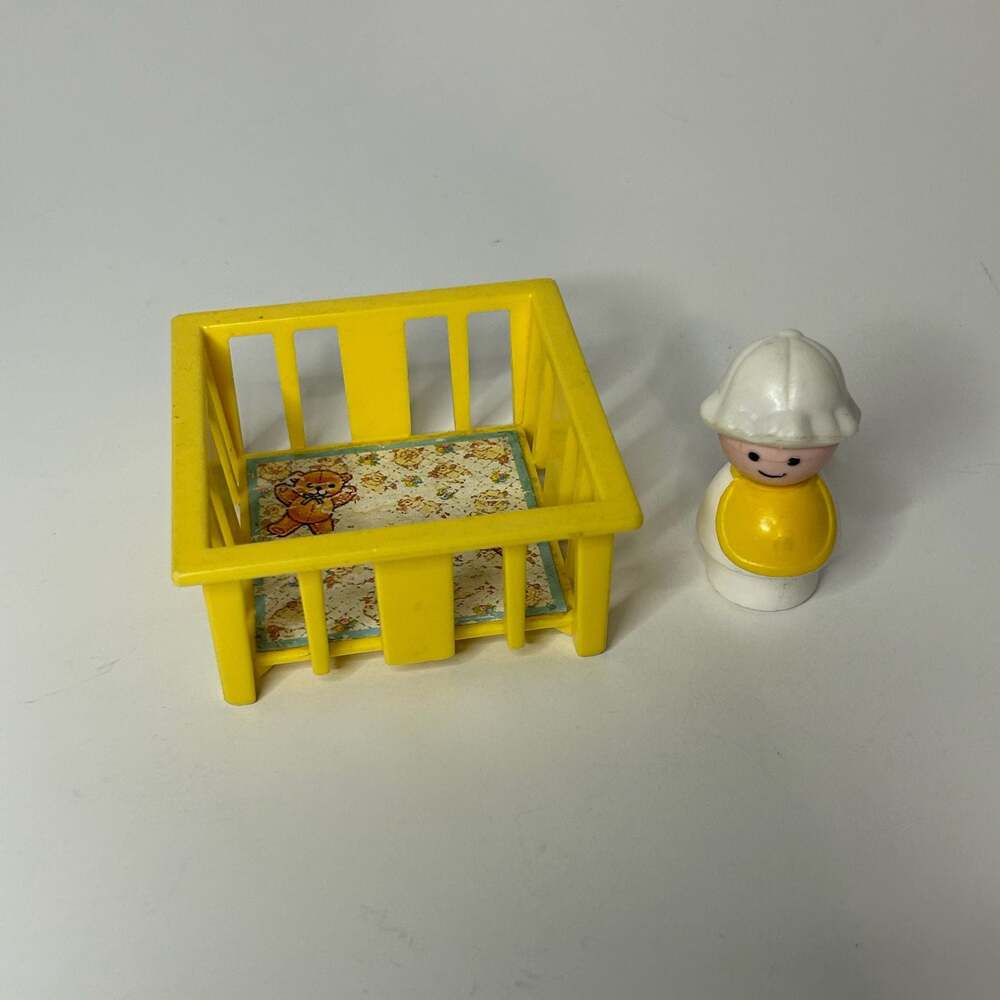 Vintage 1972 Fisher-Price Play Family Nursery Yellow Crib and Baby Figure